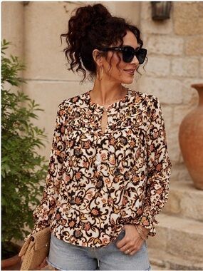 NWT LOFT Floral Scroll Print Ruffle Cuff Blouse Top XS Boho Long Sleeve